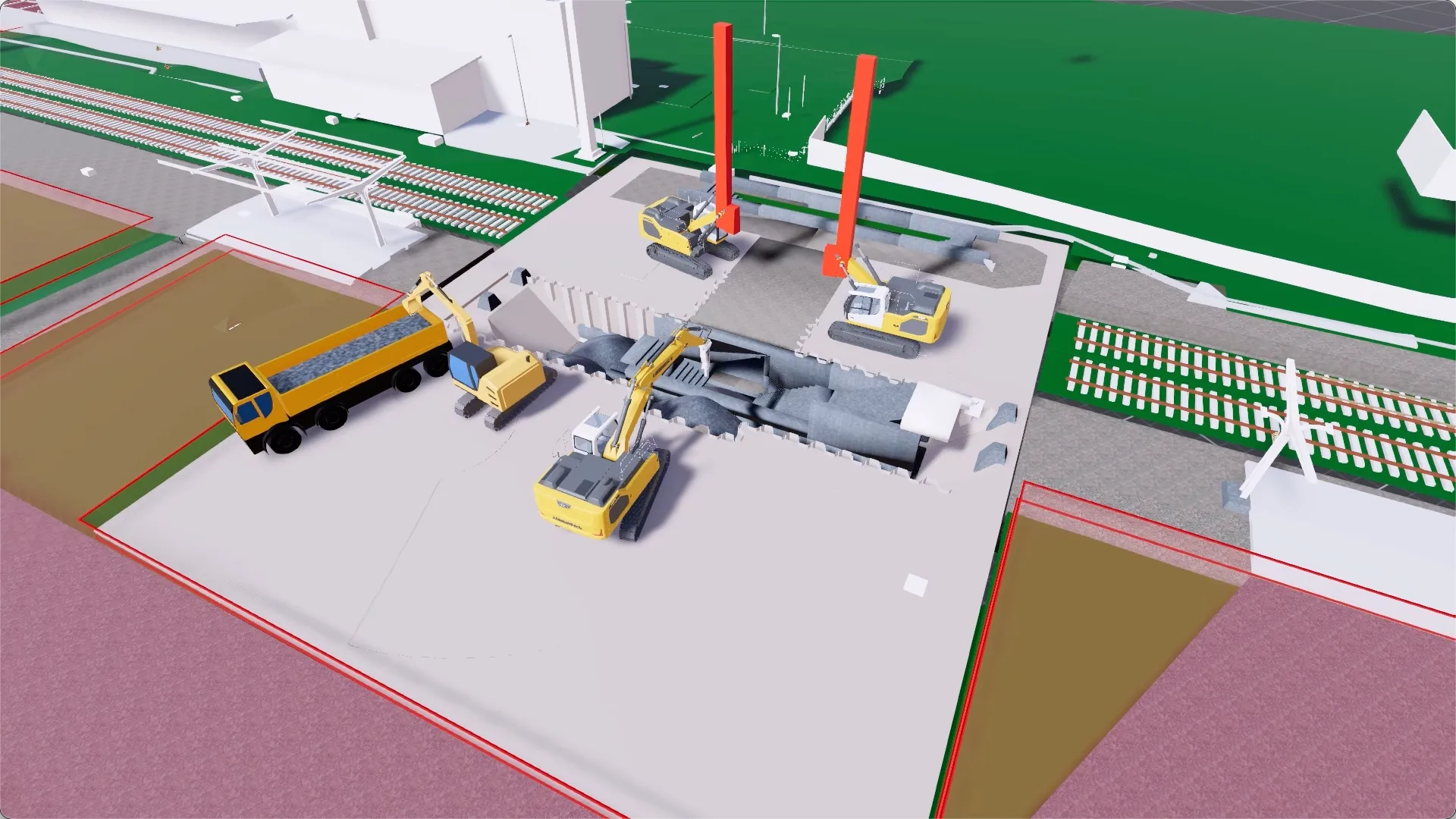 Simulationsmodell der verbauten Baugrube am Haltepunkt Neupetershain mit Spundwandkasten, Baggern und Lkw