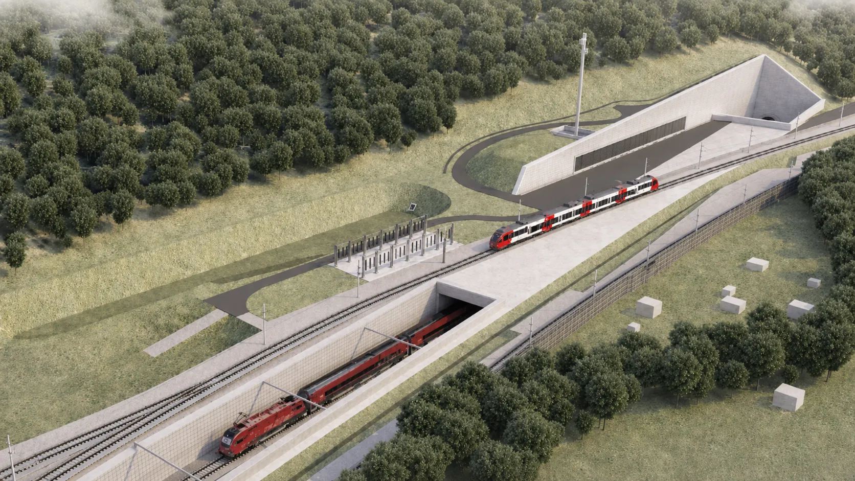 Rendering: Tunnelportal mit einfahrenden Zügen